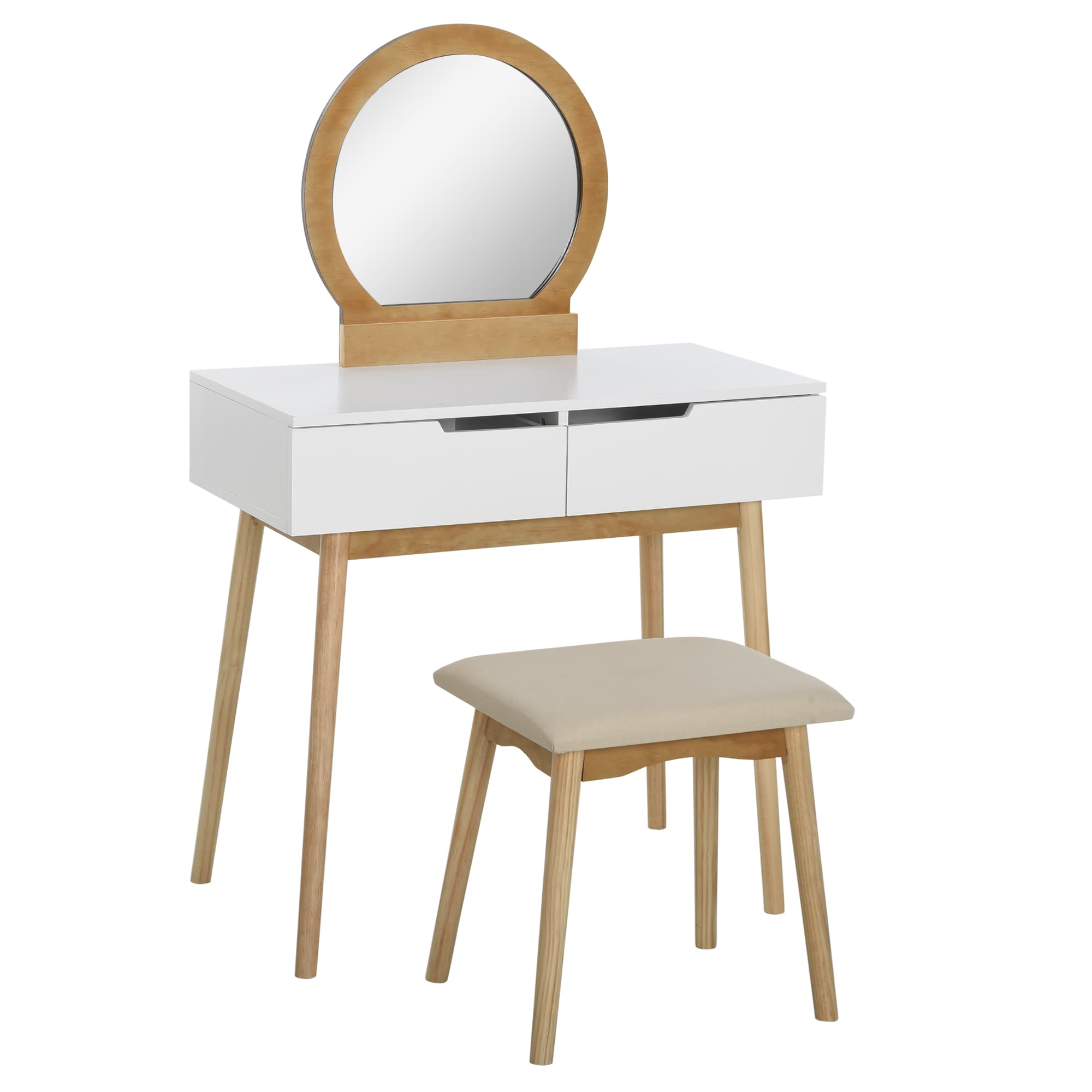 HOMCOM 2 Piece Modern Vanity Table Set, Makeup Table with Padded Stool, 2 Large Drawers, Round Mirror, Natural|Aosom Ireland