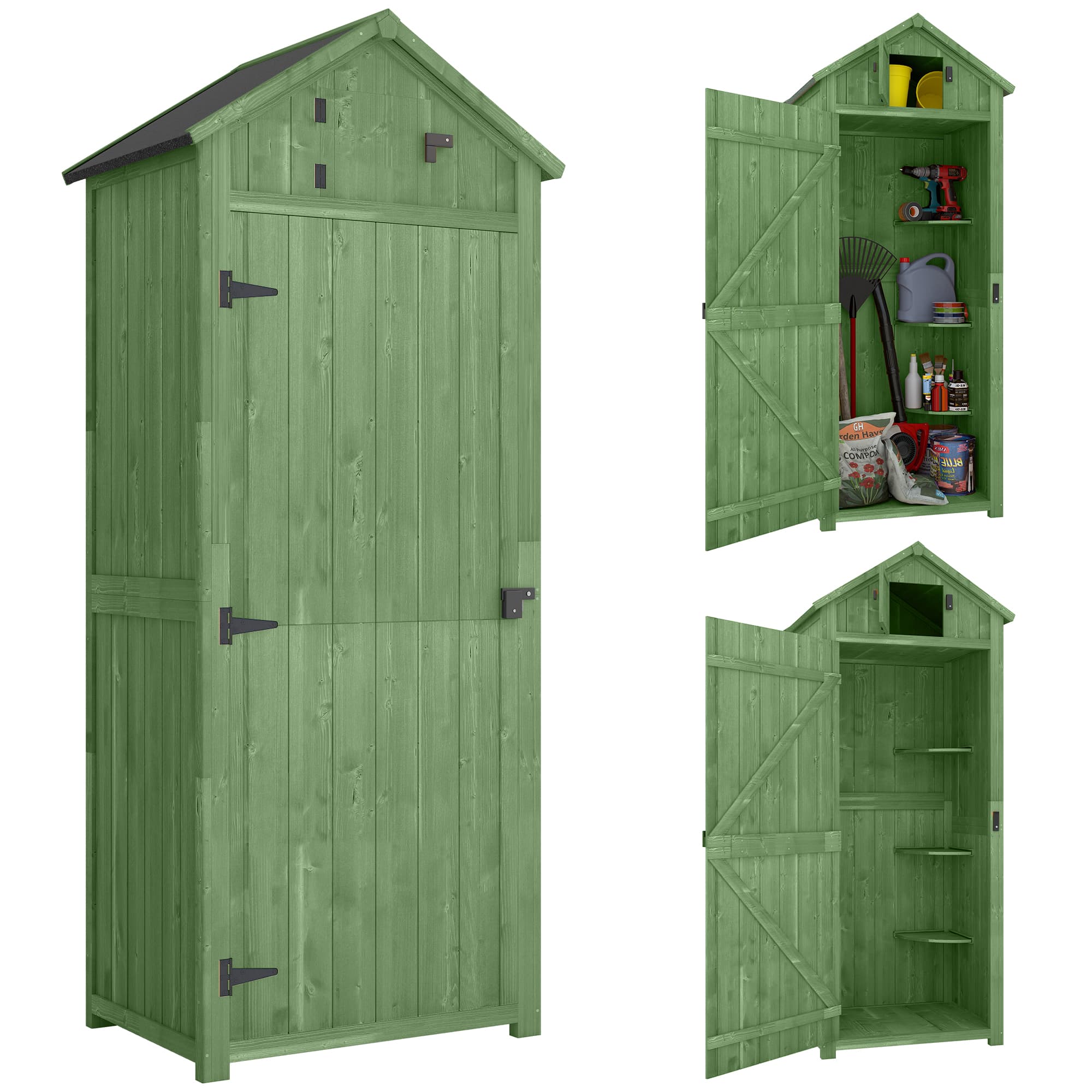 Outsunny Garden Shed Vertical Utility 3 Shelves Shed Wood Outdoor Garden Tool Storage Unit Storage Cabinet, 77 x 54.2 x 179cm - Green | Aosom Ireland