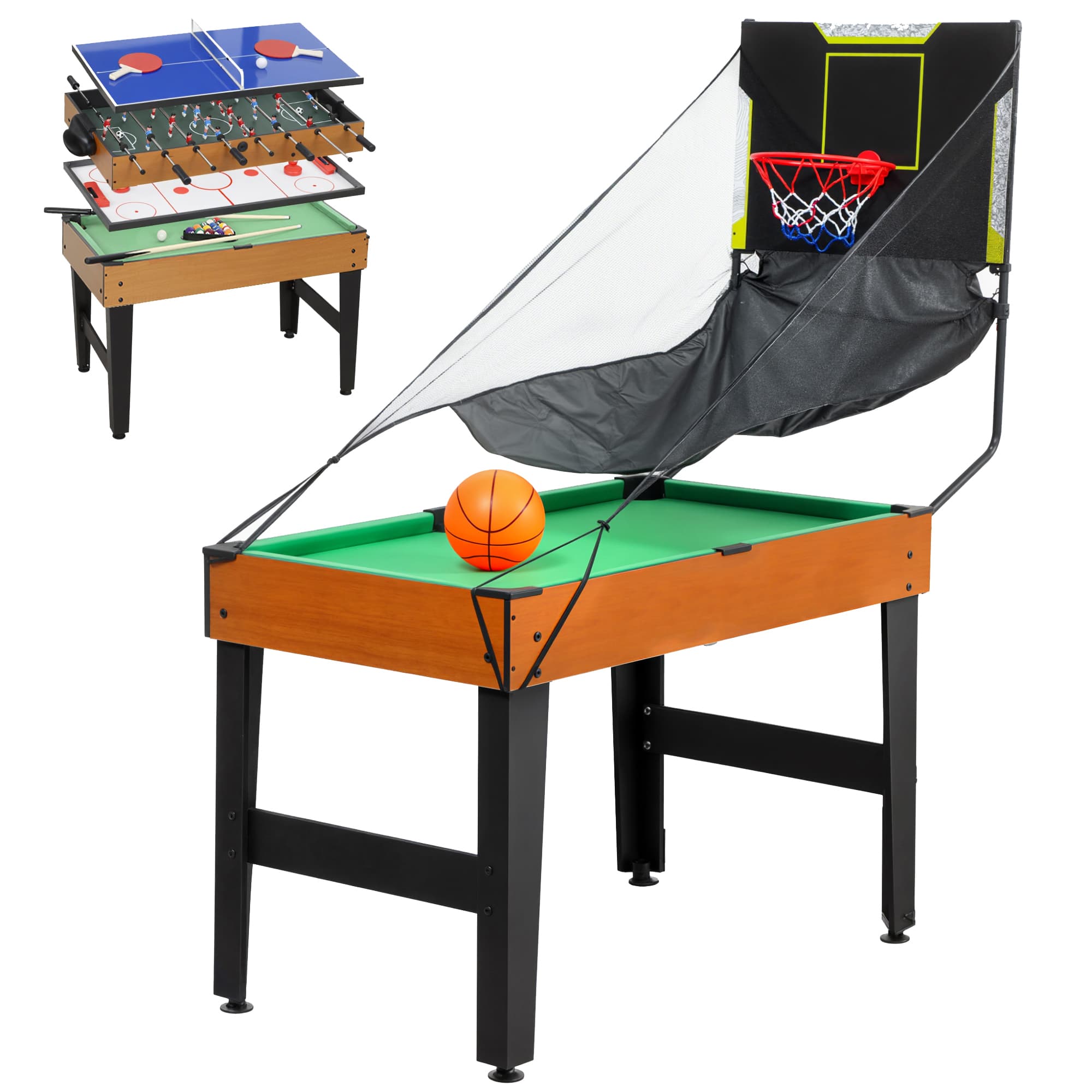 SPORTNOW 5-in-1 Multi-Game Table, 53 Accessory Pieces, Foosball, Table Hockey, Table Tennis, Billiards, Basketball, Walnut | Aosom Ireland