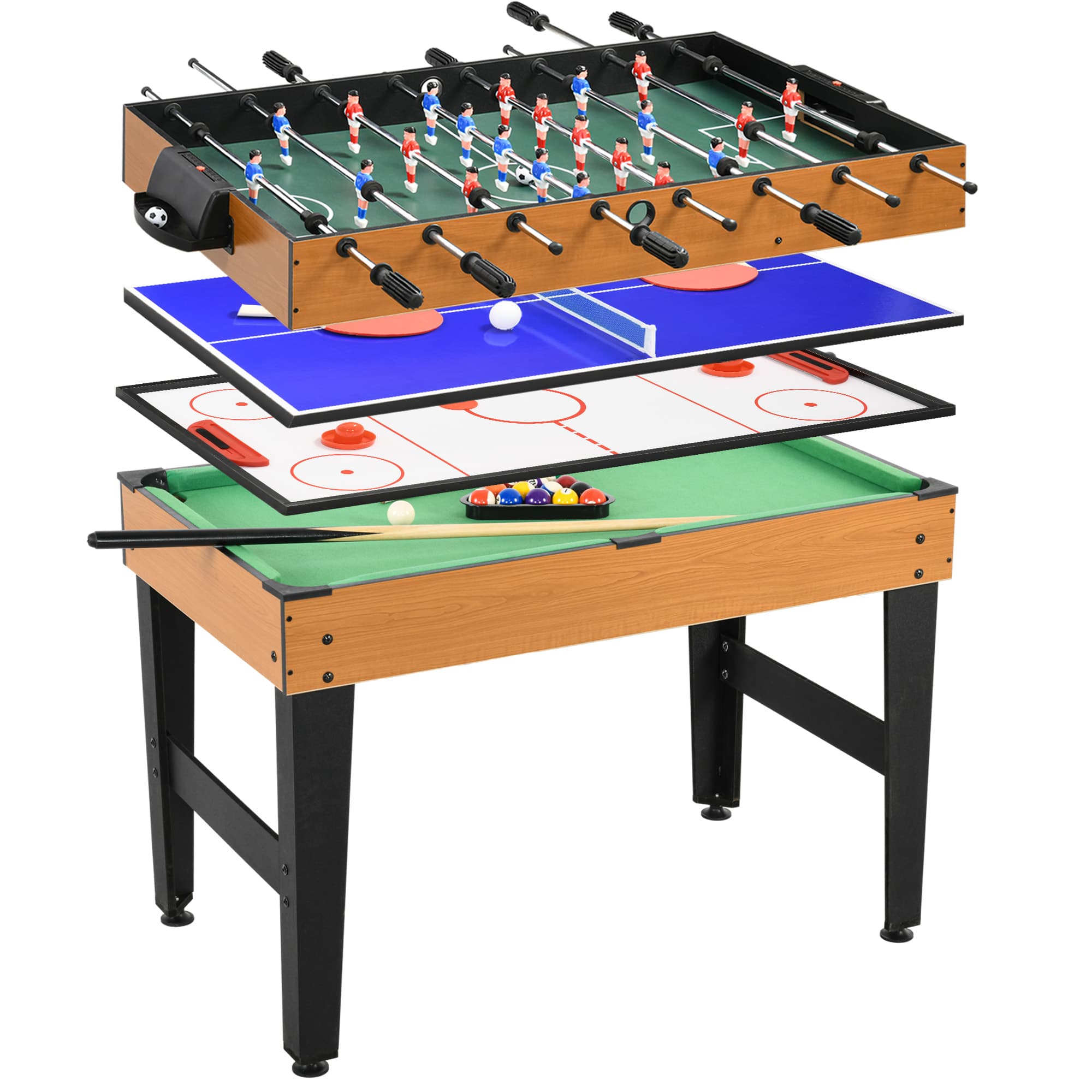 HOMCOM 4-in-1 Party Play Table incl. Table Tennis, Foosball, Billiards, Table Hockey, Metal, Wood, Natural+Black | Aosom Ireland