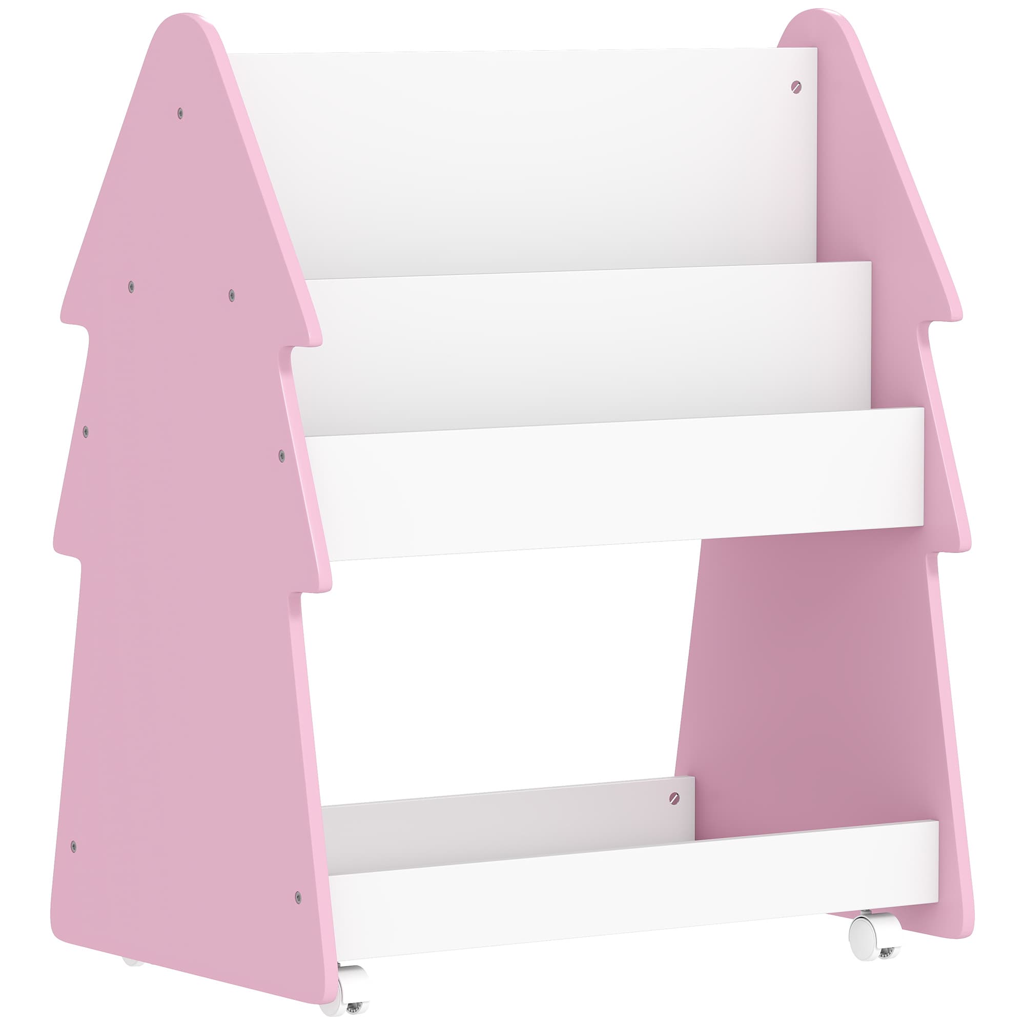 AIYAPLAY Kids Bookshelf with Toy Storage, Double-Sided Bookcase with Wheels, 3 Tier Kids Book Rack for Bedroom, Pink | Aosom Ireland