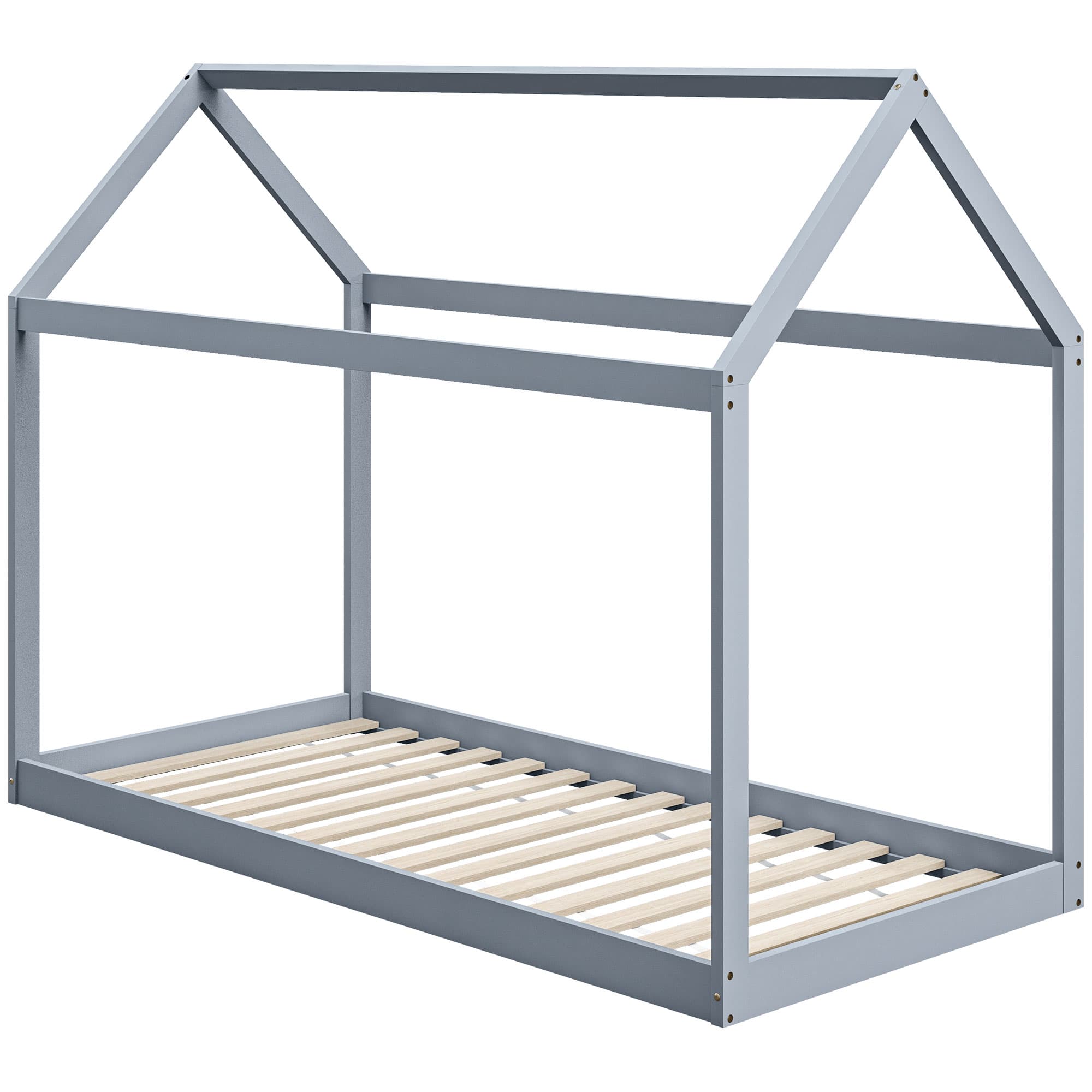 HOMCOM Single Bed Frame, House Scandinavian Style Wooden Bed Frame for 90W x 190Dcm Mattress, Pine Wood Bed Base, Grey | Aosom Ireland
