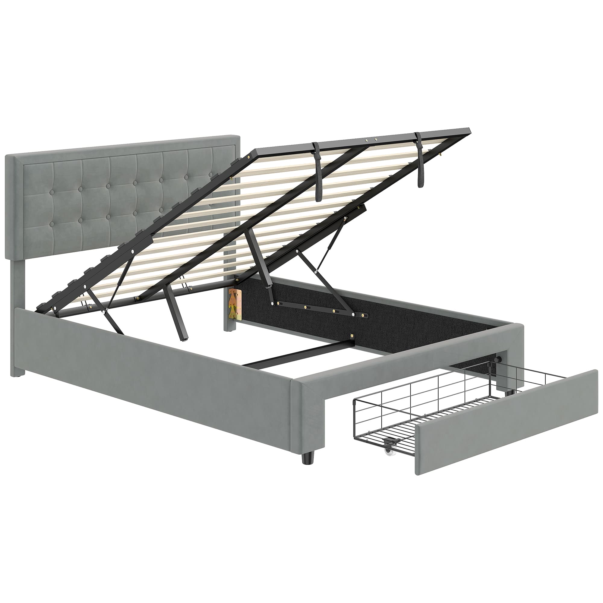 HOMCOM Double Size Ottoman Bed Frame, with Front Drawer - Grey | Aosom Ireland