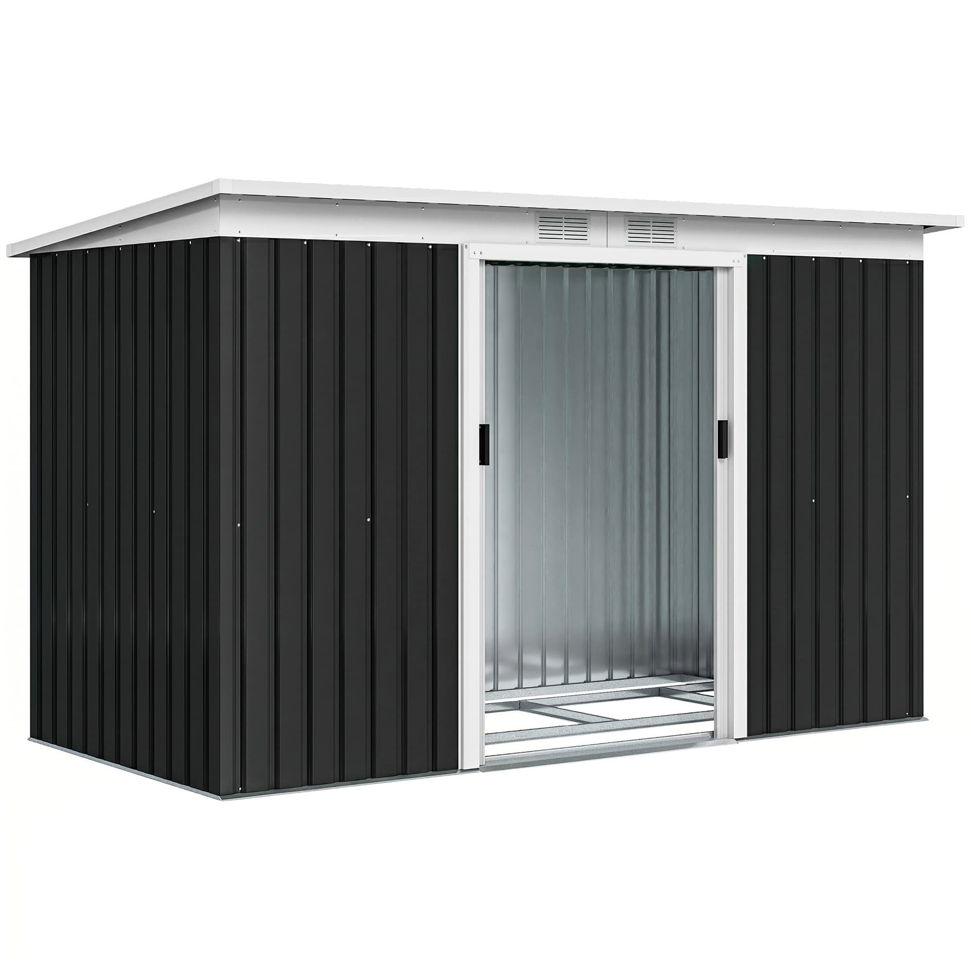 Outsunny Steel Shed, Corrugated Garden Shed, Outdoor Equipment Tool Box w/ Foundation Ventilation & Doors, Dark Grey | Aosom Ireland