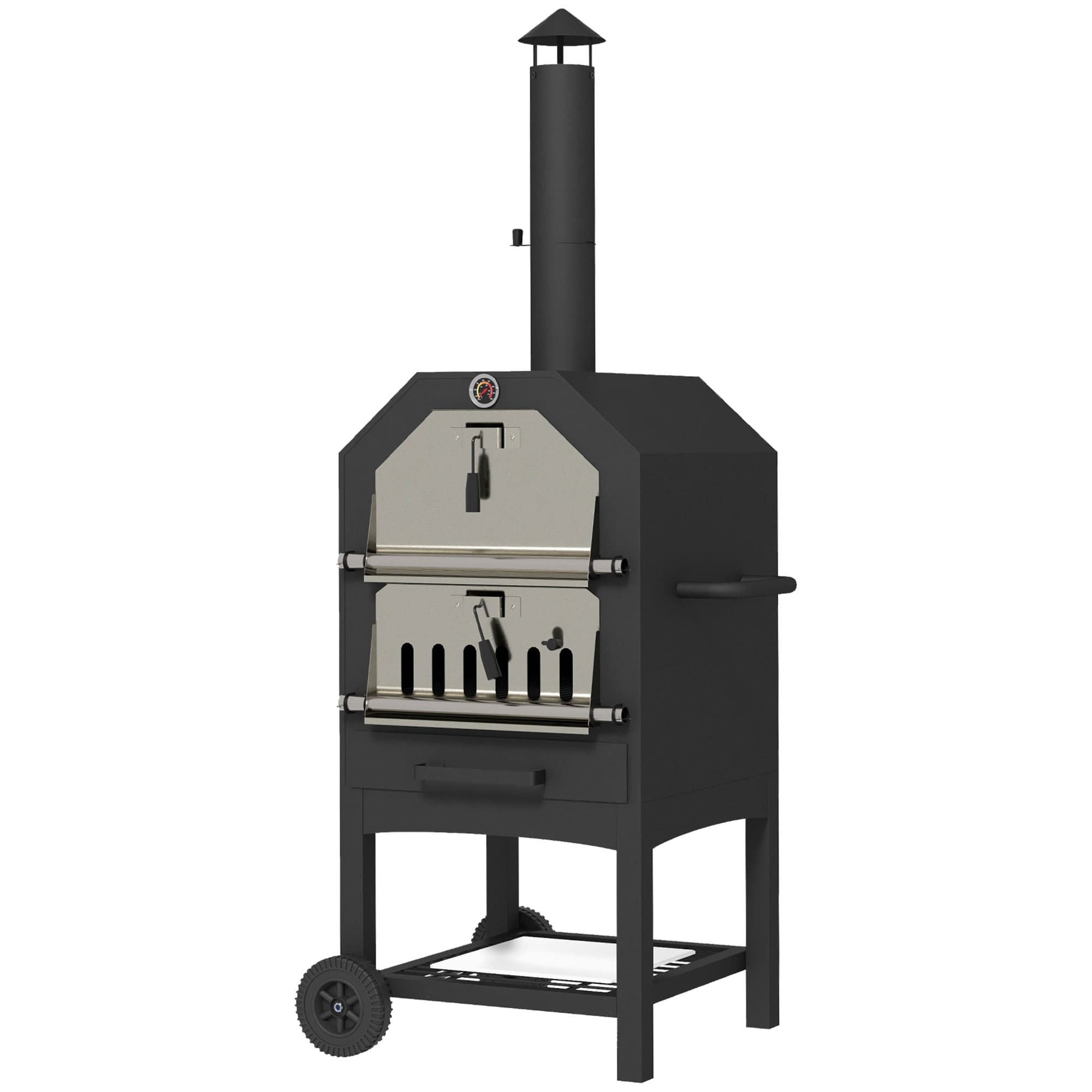 Outsunny Steel 3-Tier Outdoor Pizza Oven Charcoal BBQ Grill, Black | Aosom Ireland