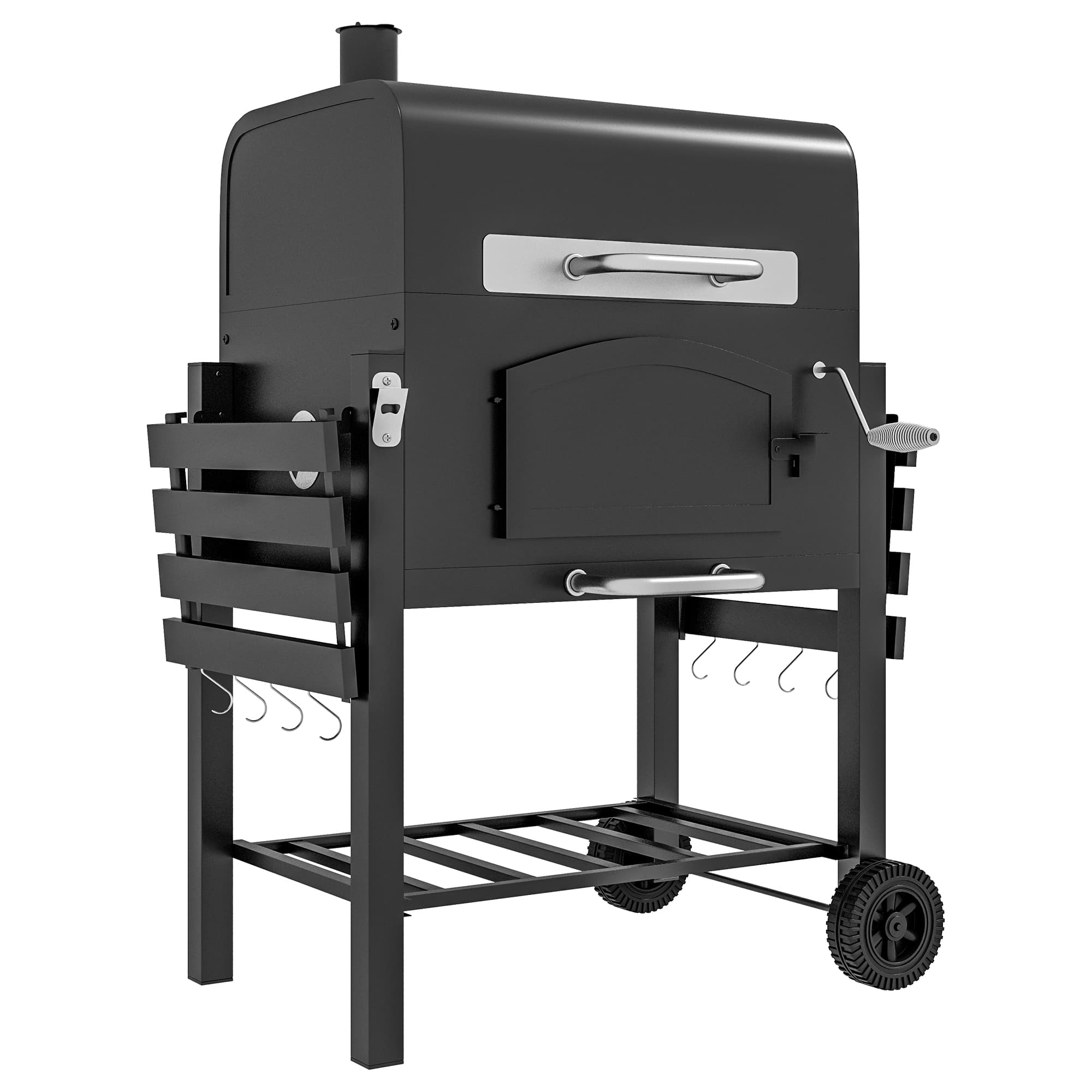 Outsunny Charcoal Barbecue Grill Trolley Garden Smoker with Shelves, Adjustable Height, Thermometer on Lid, Opener and Wheels | Aosom Ireland