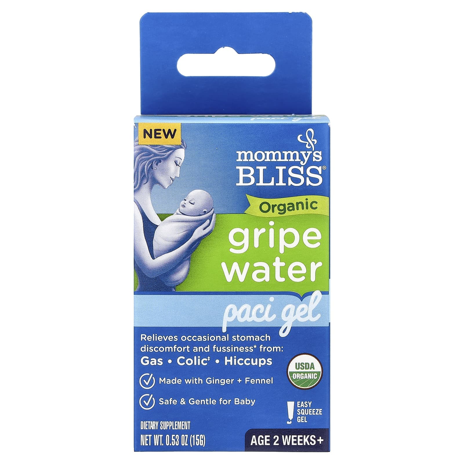 Mommy's Bliss, Organic Gripe Water, Paci Gel, 2 Weeks Older, 15g (0.53oz)