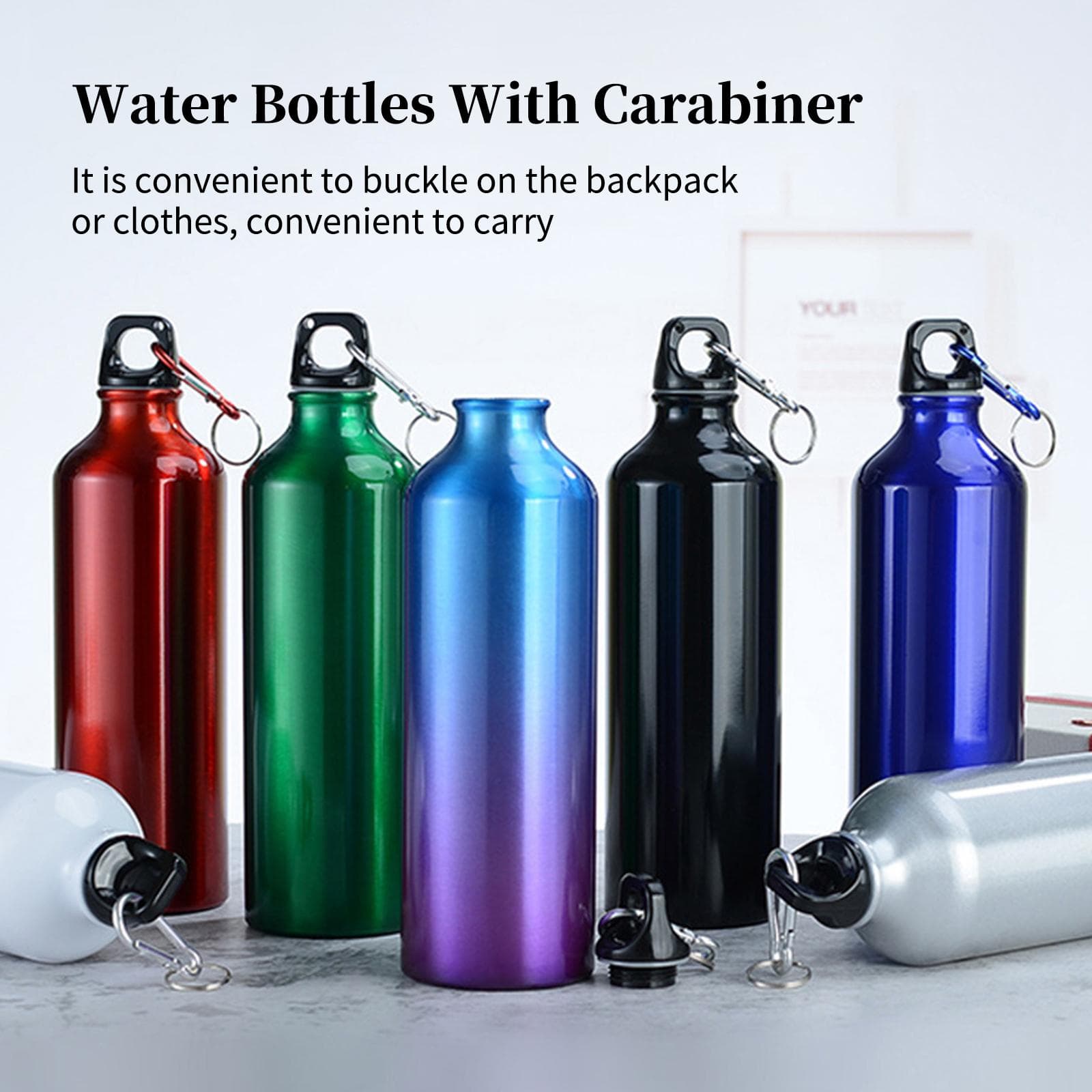 750mL Water Bottles with Carabiner Portable Aluminum Water Bottle Reusable Leakproof Water Jug for blue
