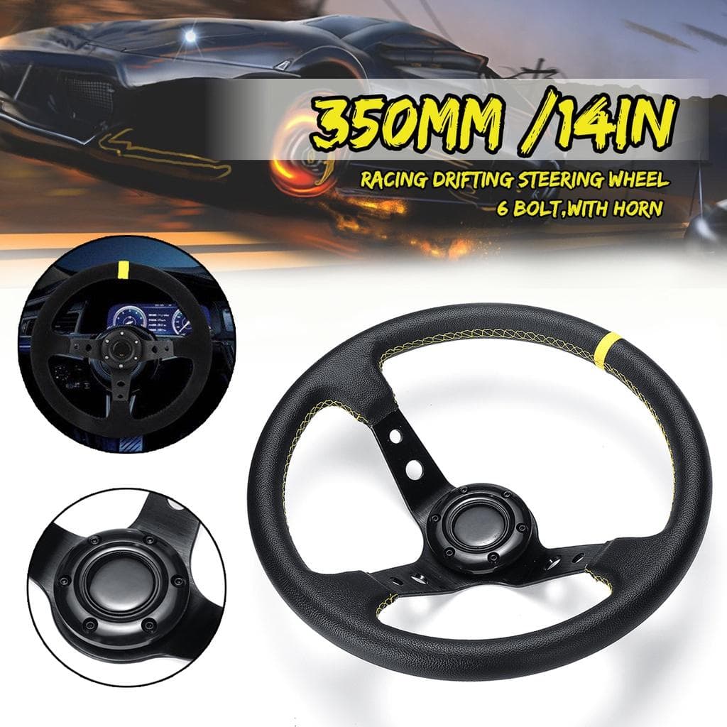 6 Bolt 350mm Universal Deep Dish Car Racing Drifting Steering Wheel PU Leather Steering Wheel Deep Corn Dish Sport Drifting black +yellow
