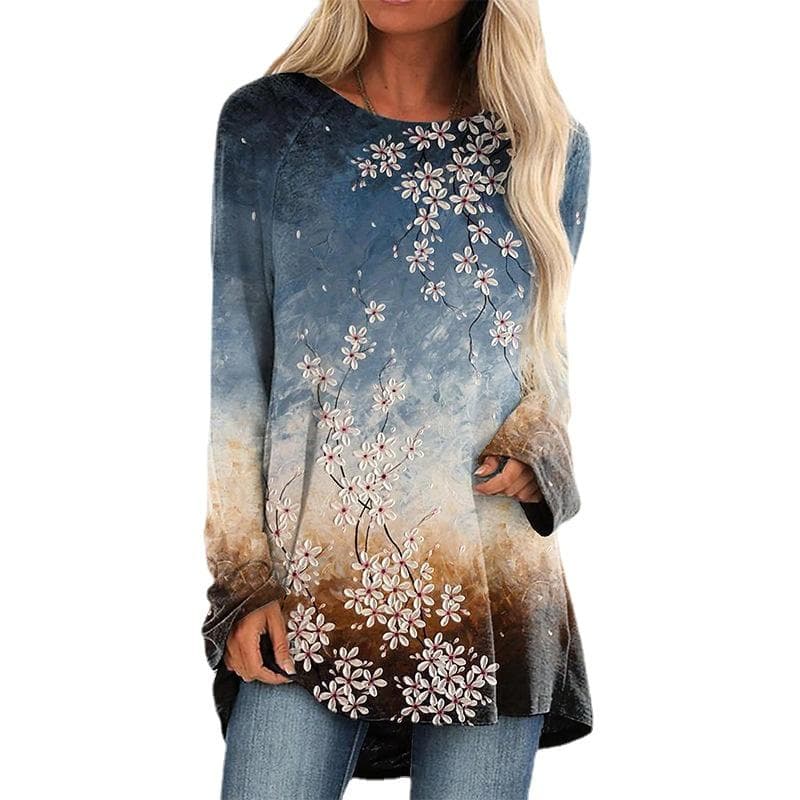 Women's Long Sleeve T-shirt Flower Patchwork Printing Spring Autumn Round Neck Casual Loose Top Clothes cm