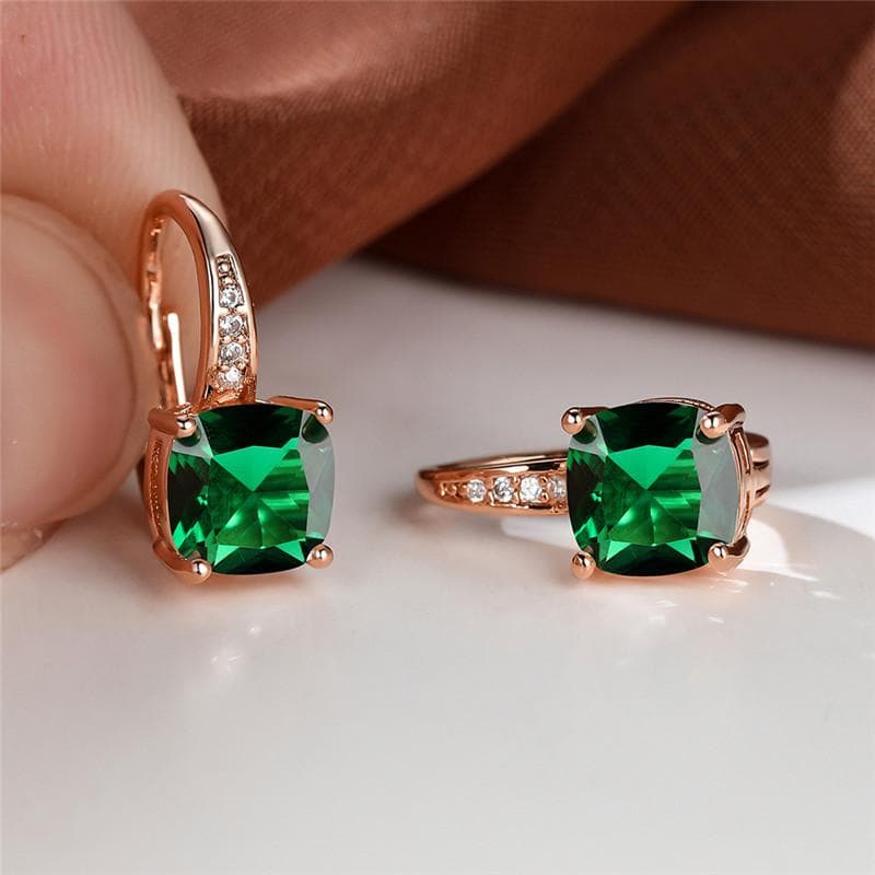 Silver Rose Gold Color Drop Hoop Earrings Geometric Emerald Cut Green Stone Wedding Dangle Earrings for Women gold/yellow