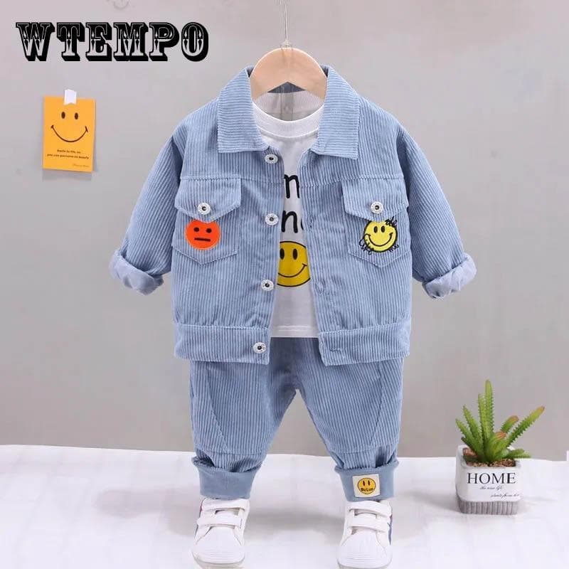 Boys spring and autumn suits baby thin three-piece set printing contrast color design smiley pattern long-sleeved jacket top pants three-piece set cm