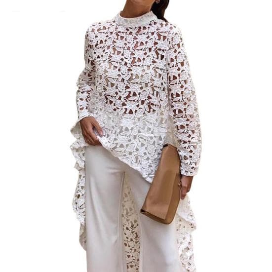 Lily Lady Out Lace High Blouse Women Hollow Low Top cm white