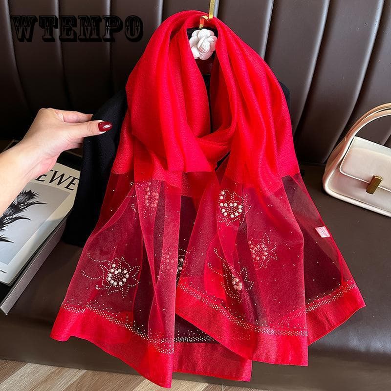 Embroidered Floral Wool-Silk Blend Scarf for Women Decorative & Windproof with Fine Embroidery Craftsmanship white