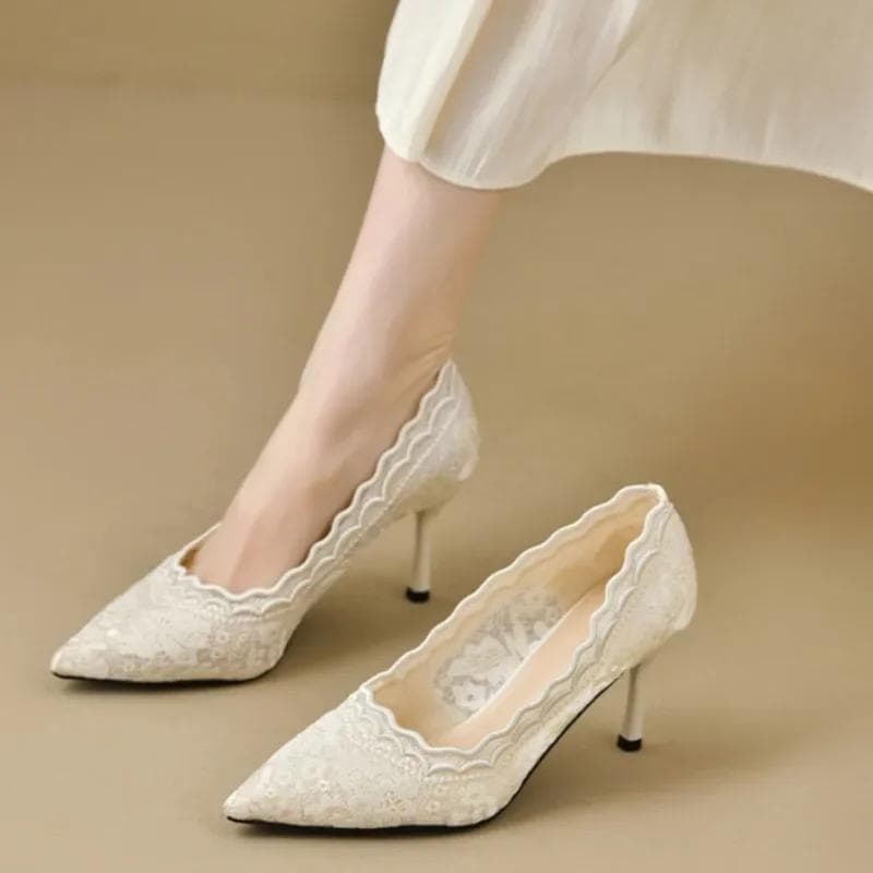 Fashion Luxury White Lace Embroidery High Heel Bride Shoe Woman Elegant Point Toe Brand Design Stiletto Pump Ladies Wedding Dress Zapato cm beige