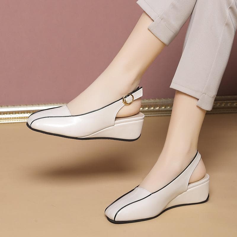Fashion Women Shoes Spring Summer Back Empty Slope Heel Sandals Office Casual Khaki Color Soft Sole Leather Slippers cm beige