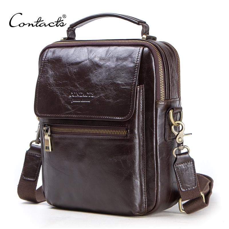 CONTACT'S Genuine Leather Messenger Bag For Men Male Crossbody Bags coffee