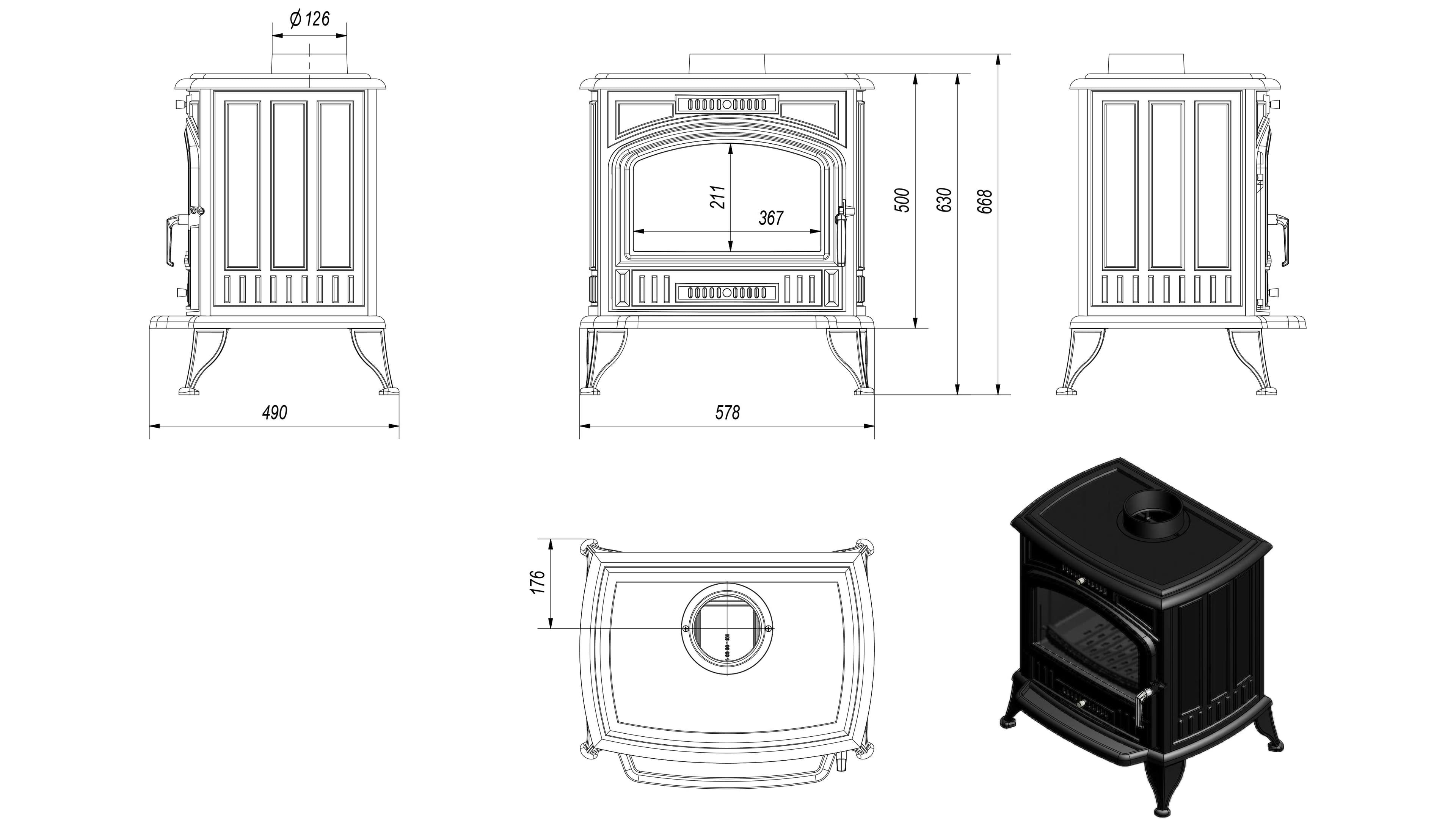 Wood burning cast iron stove KRATKI K6 Ø 130 8 kW with accessories black