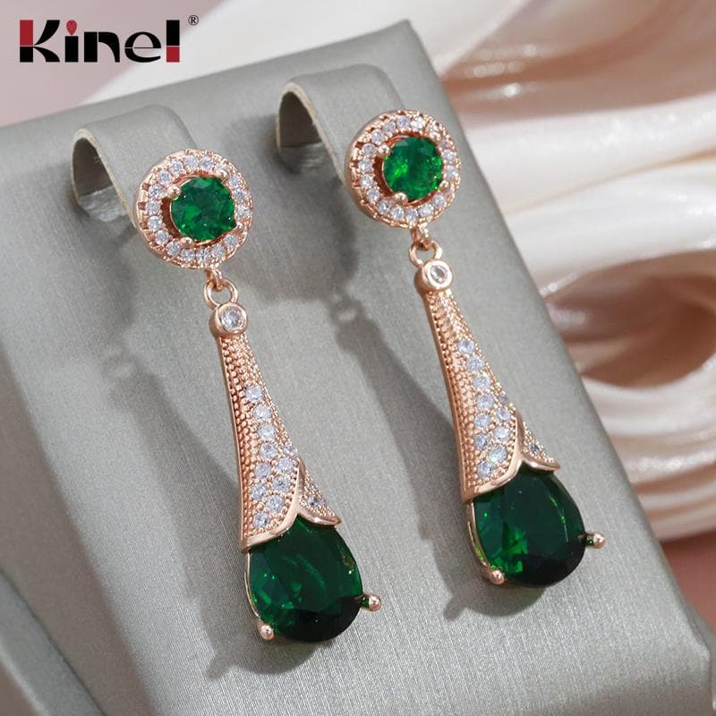 Kinel Green Zircon Long Drop Earrings Vintage Bride Wedding Jewelry red