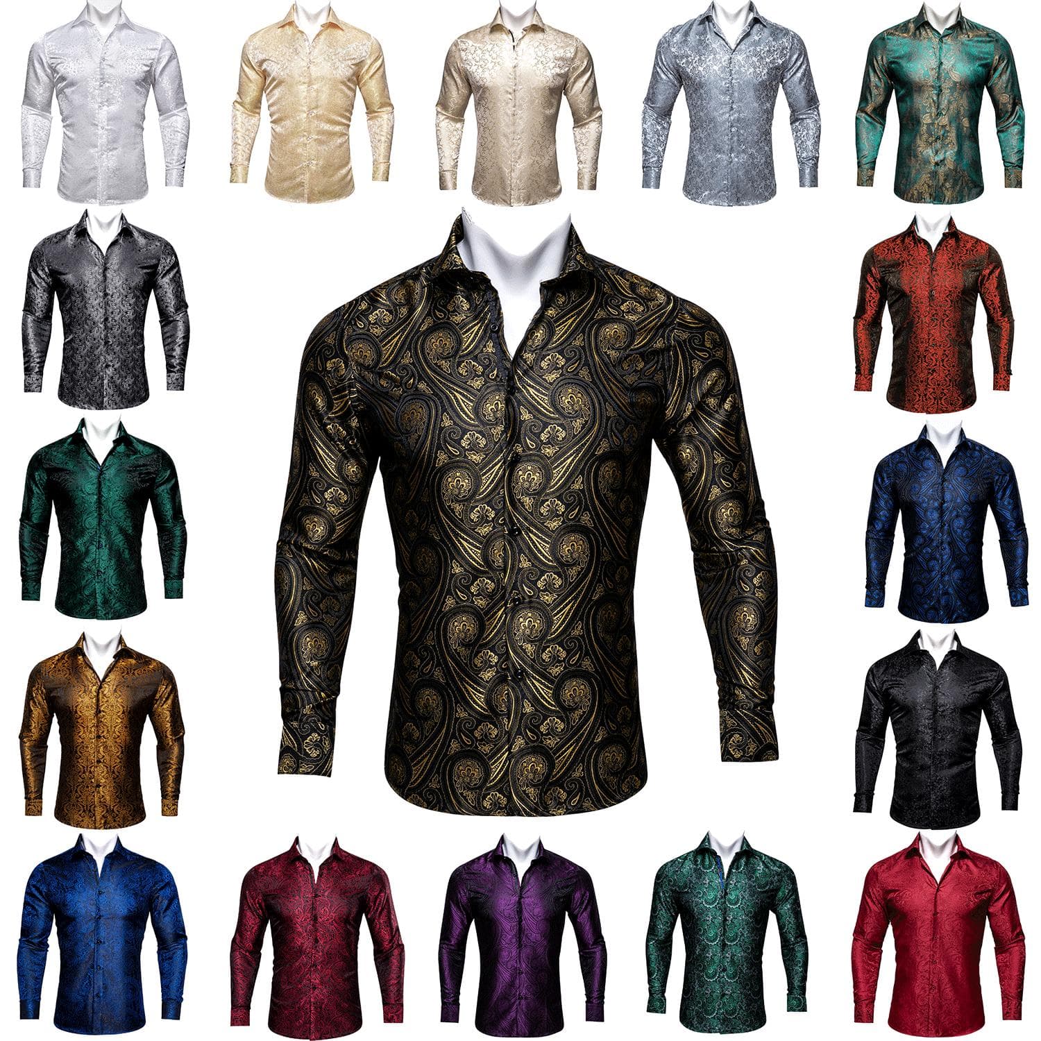 Men's Blue Green Gold Woven Silk Dress Shirt Button Down Casual Jacquard Shirts Long-Sleeve Shirt Prom Wedding Regular Fit cm burgundy