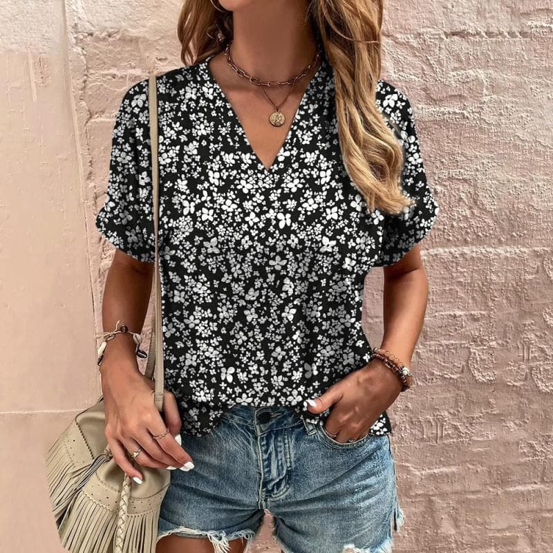 V-neck Printed Women's T-shirt Casual Tops Floral Cheap Blouse Summer Fashion Ladies Clothes Female Oversized Short Sleeve Tees cm