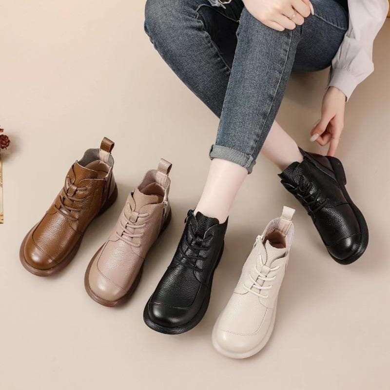 100% Genuine Leather Shoes Women Ankle Boots Spring Autumn Retro Soft Cow Leather Brand Ladies Single Boots Mother Shoes Plus Size 41 cm black
