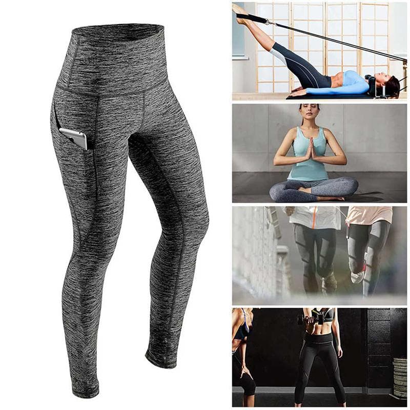 Women Solid Color Fitness Long Pants High Waist Sports Hip Lifting Pants Side Pocket Running Yoga Leggings cm navy blue