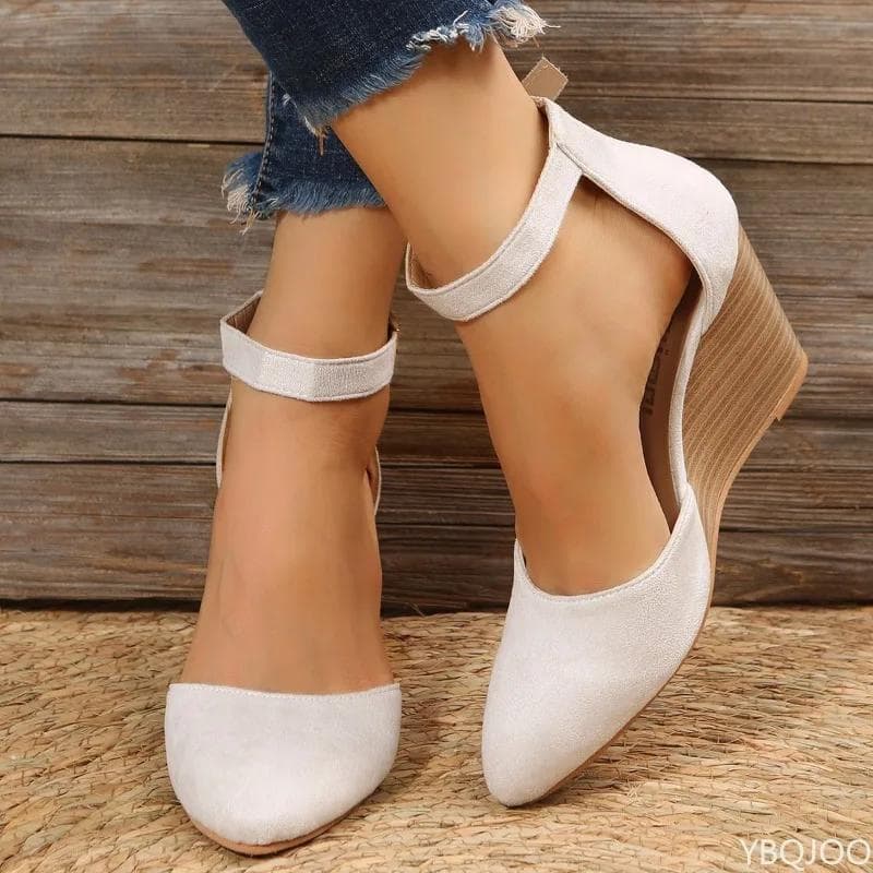 Fashionable pointed toe wedge thick soled buckle women's sandals with straight buckle solid color suede toe cap women's shoes cm wine red