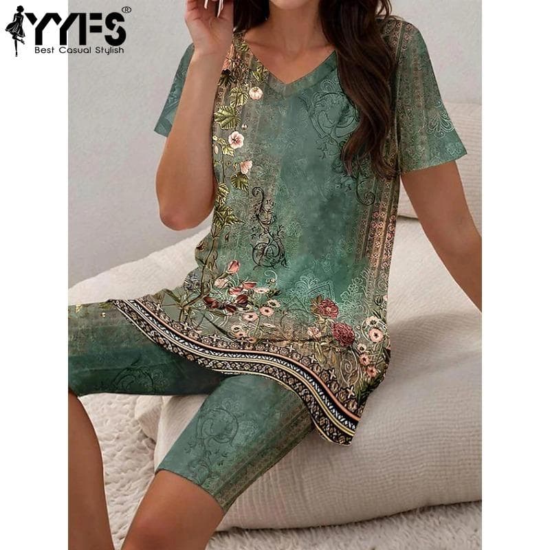 YYFS Women's Fashion Casual Flower Pattern Print Short Sleeve V-Neck Blouses & Shirts Shorts Suits cm