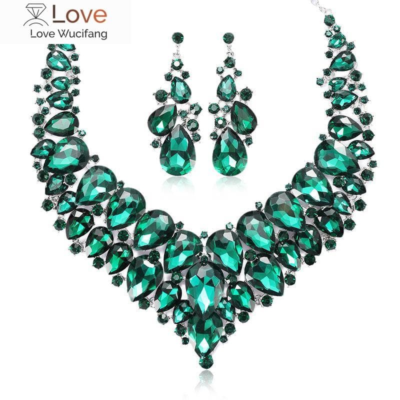 Heart Design Colorful Crystal Necklace Earrings Set Fashion Charming Bridal Dress Jewelry Palace Style Luxury Diamond Necklace red