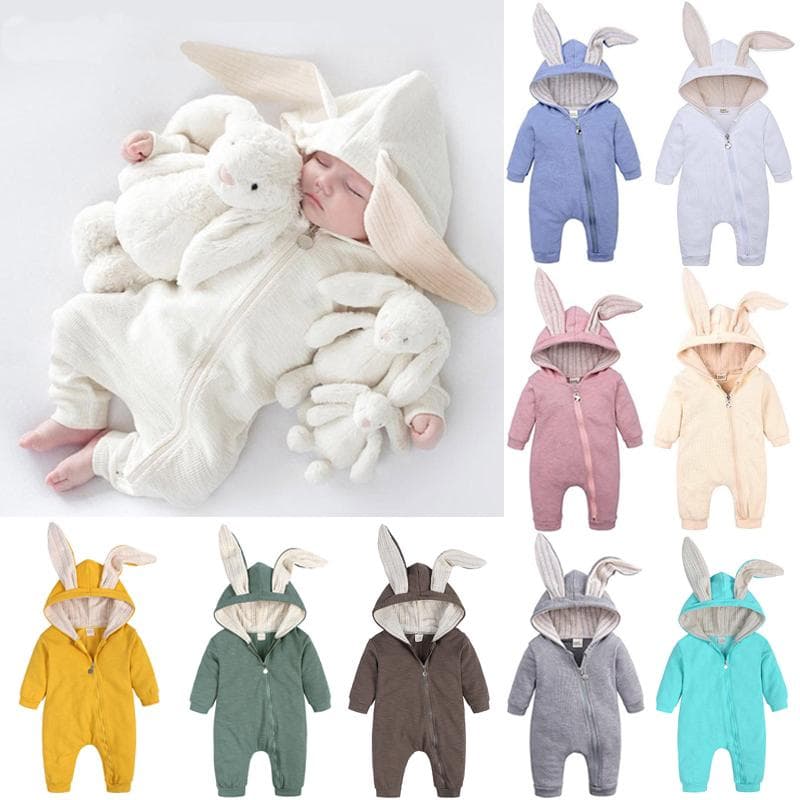 Unisex Infant Baby Kids Cute Rabbit Ear Hooed Romper Solid Color Long Sleeve Zipper Warm Jumpsuit Boys Girls cm