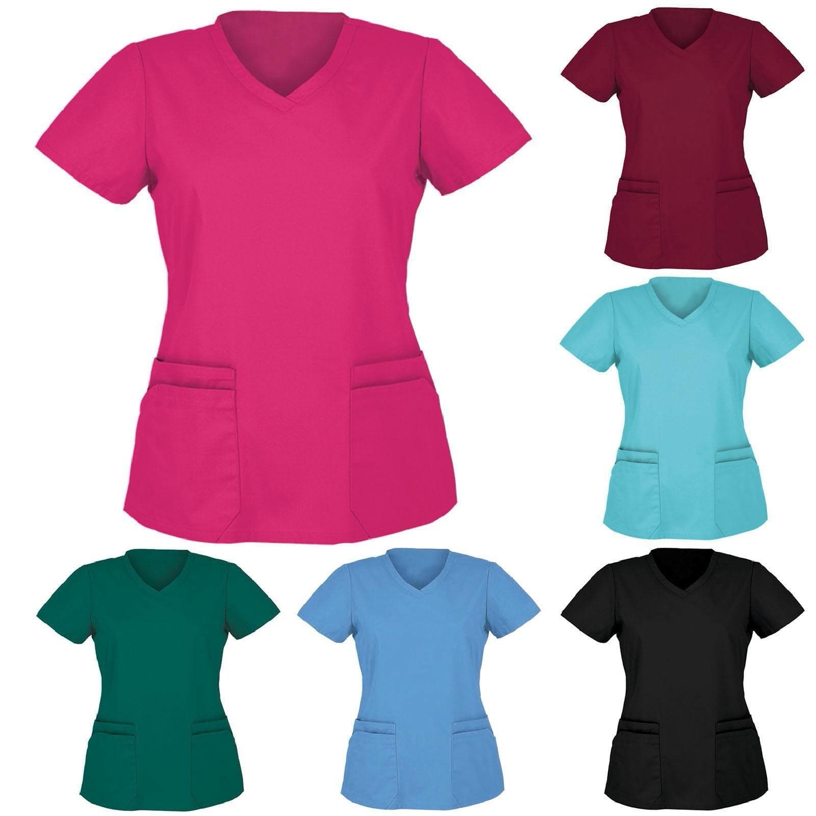 Women Short Sleeve V Neck Soild Tops Pocket Working T-shirts  Blouse cm Dark blue