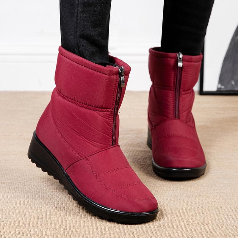 Waterproof Snow Boots for Women Winter Warm Plush Ankle Booties Front Zipper Non Slip Cotton Padded Shoes cm red