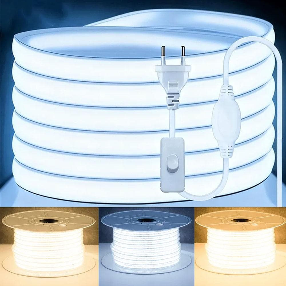 220V Led Strip Waterproof Lens COB Flexible Ribbon With Switch/Dimmable EU Plug For Room Bedroom Kitchen Outdoor Garden Lighting warm white