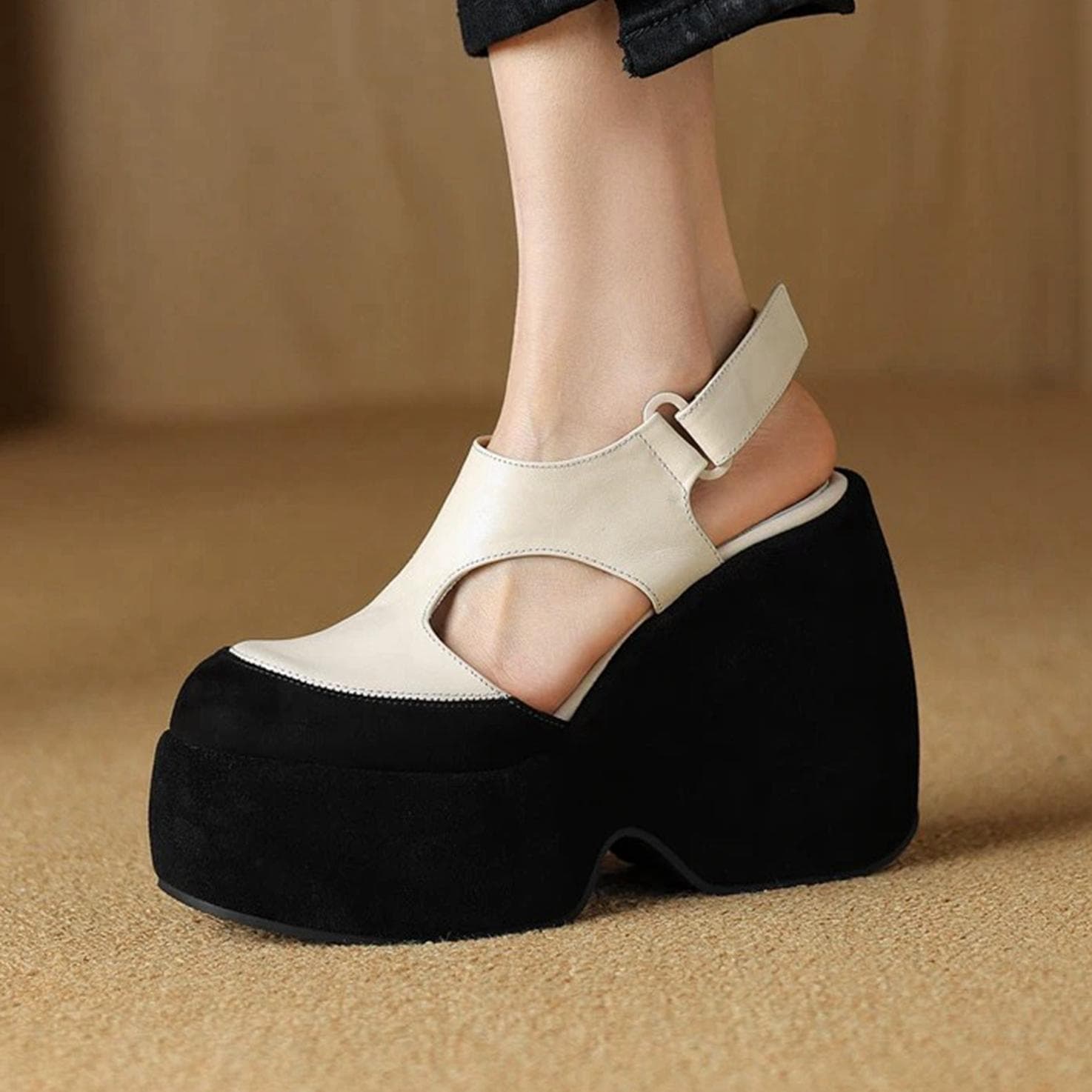 Krazing Pot Large Size Genuine Leather Round Toe High Heel Platform Mixed Color Size 41 Women Waterproof Sandals cm ivory