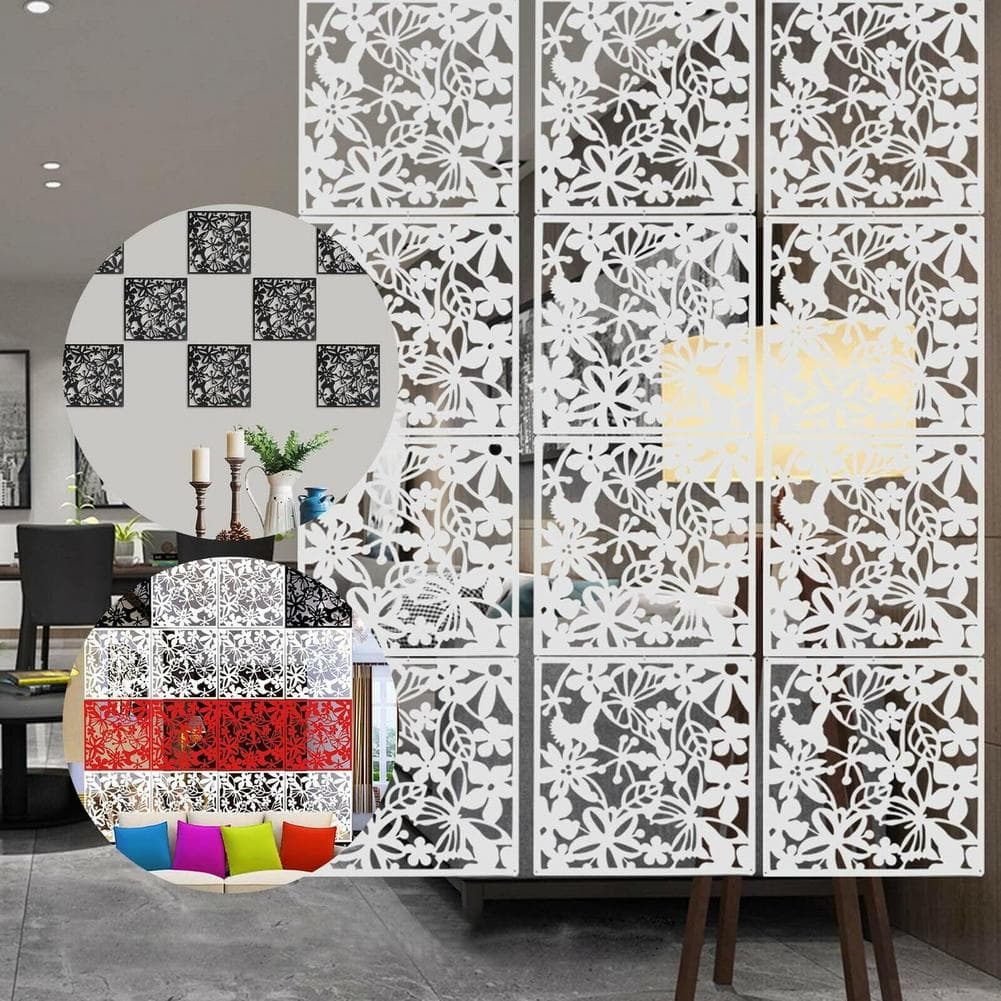 12PCS Hanging Room Divider 40x40CM Plastic Hollow Screen Curtain Panel Waterproof Partitions For Household Hotel DIY Decoraction white