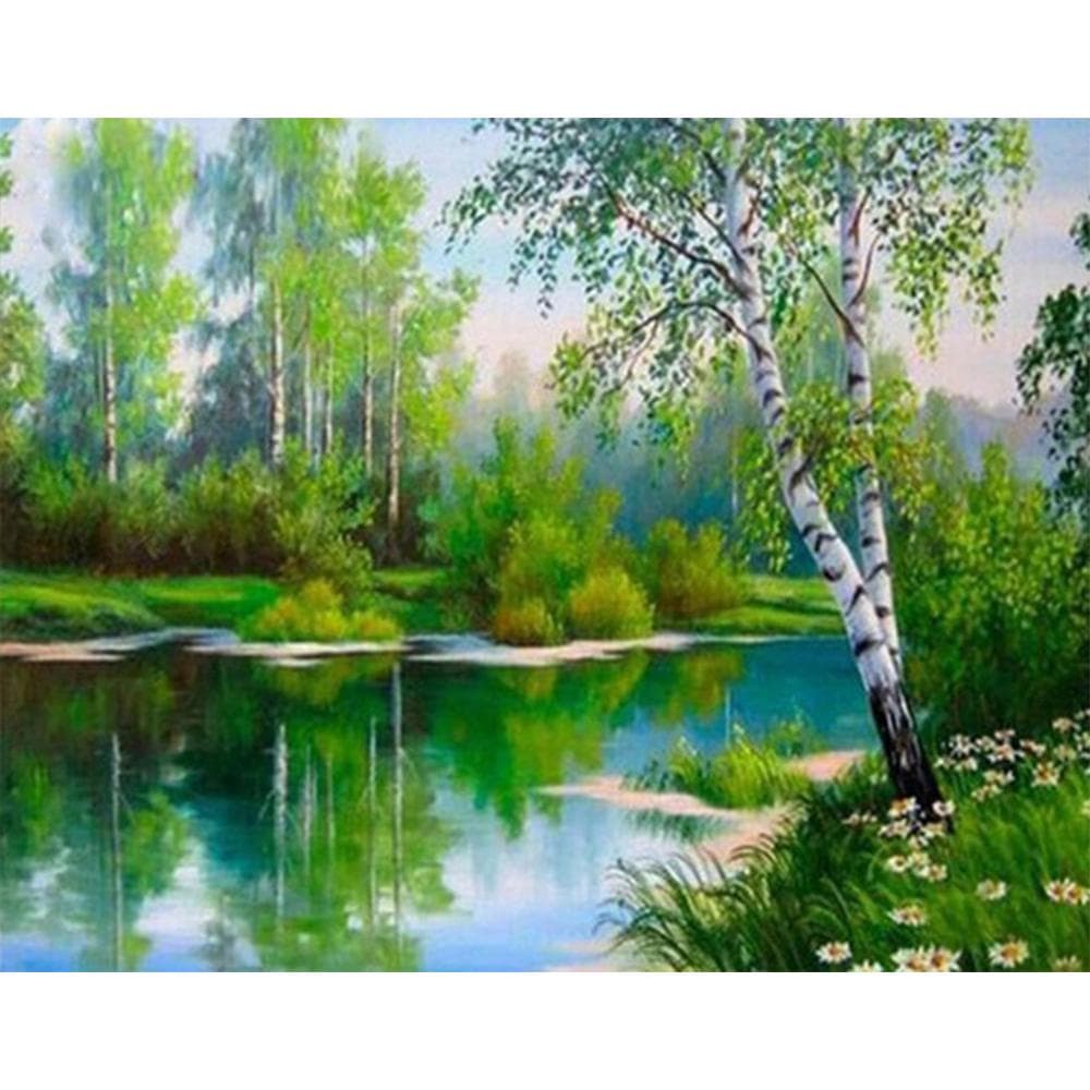 Diamond Painting Cross Stitch Forest Spring Landscape Diamond Embroidery Natural Lake