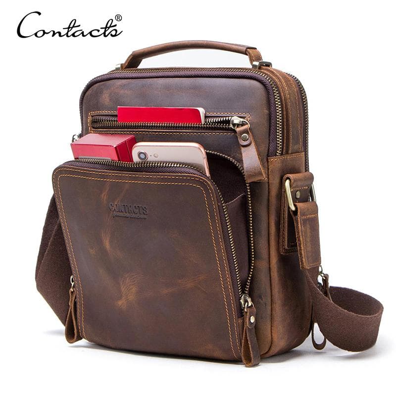 CONTACT'S Genuine Leather Shoulder Bag for Men Vintage Sling Casual Messenger Bags Travel Business Crossbody Bags black