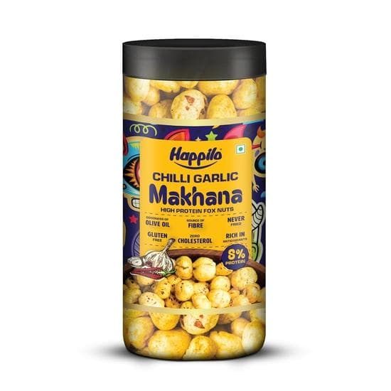 Happilo Premium Super Snack Makhana Chilli Garlic 60g, Roasted Foxnut Healthy Snack Low Calorie Gluten Free and Vegan