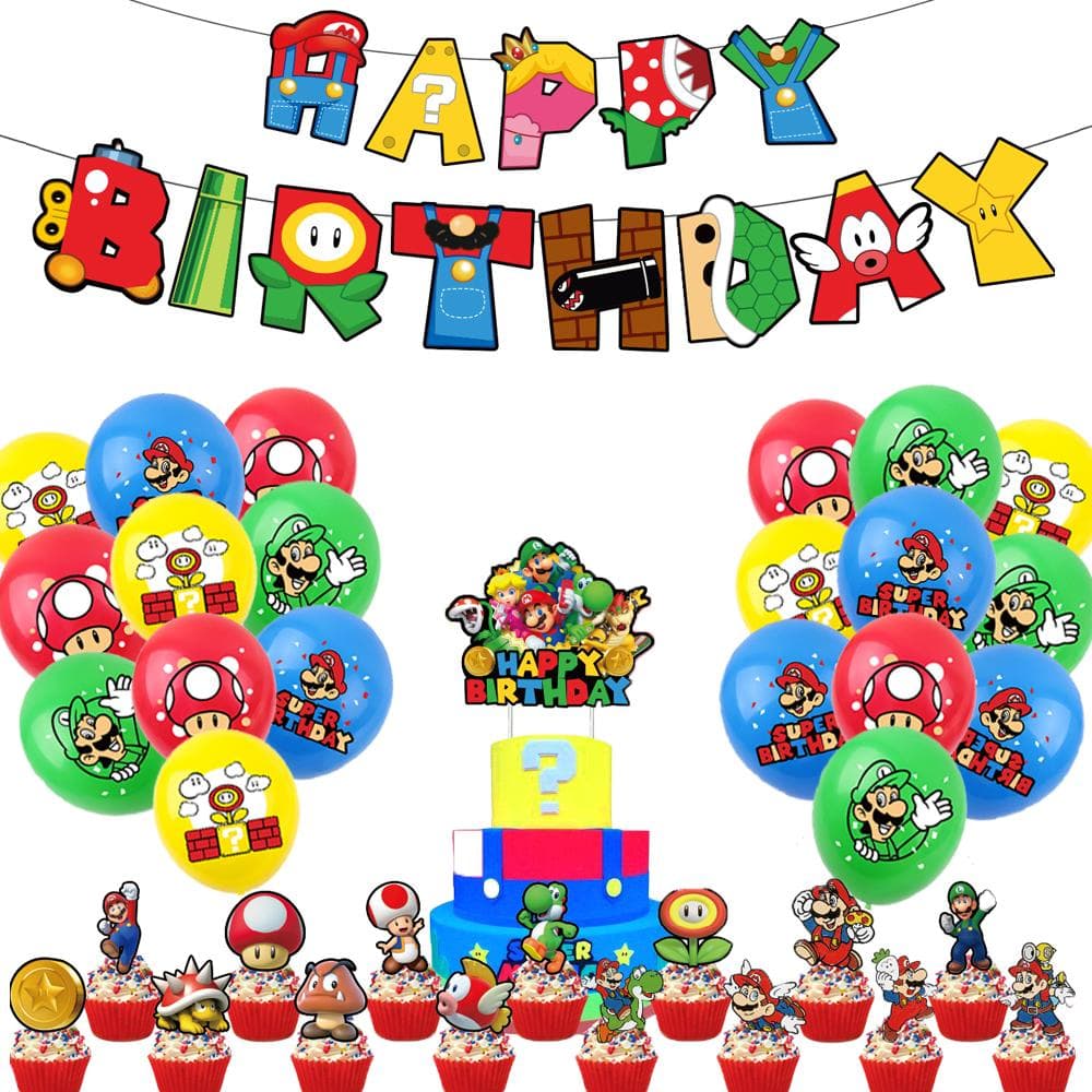 1 x Πολύχρωμη Πινακίδα 'Happy Birthday' με Θέμα τον Mario με Στολίδια Κέικ Μπαλόνια