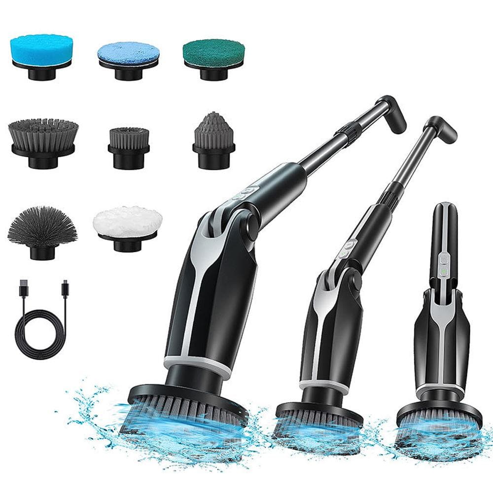 9-in-1 Electric Spin Scrubber with 9 Brush Heads Cordless Cleaning Brush Scrubber Telescopic Handle black