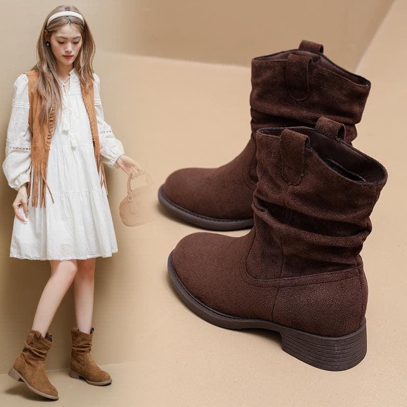 Fashion Western Stacked Boots Women Fashion Chunky Heeled Mid-calf Boots Women Spring Autumn Shoes Solid Retro Botas cm khaki