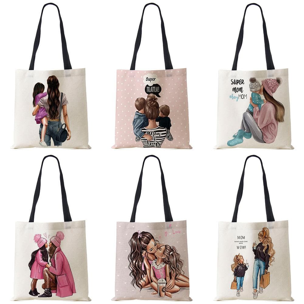 Cute Cartoon Super Mama Print Linen Tote Bag Reusable Shoulder Bags Mom and Baby Folding Women Casual Handbags Lady Fabric Totes