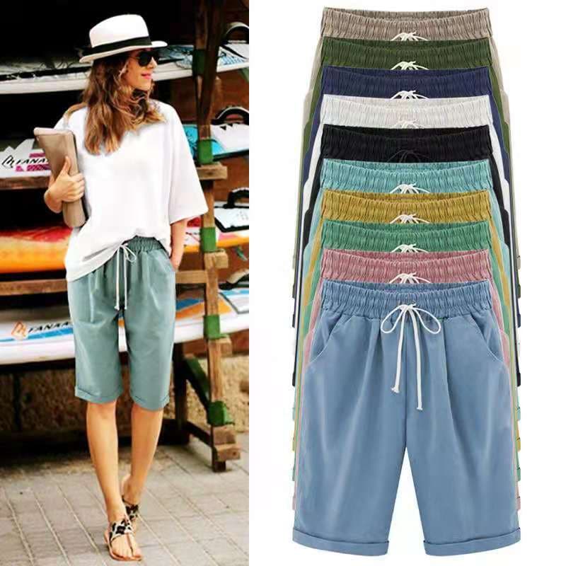 Fashion Summer Shorts Loose Casual Sports Stretchy Cotton Comfortable Straight Leg Sweatshorts Beach Soild Women Shorts cm blue