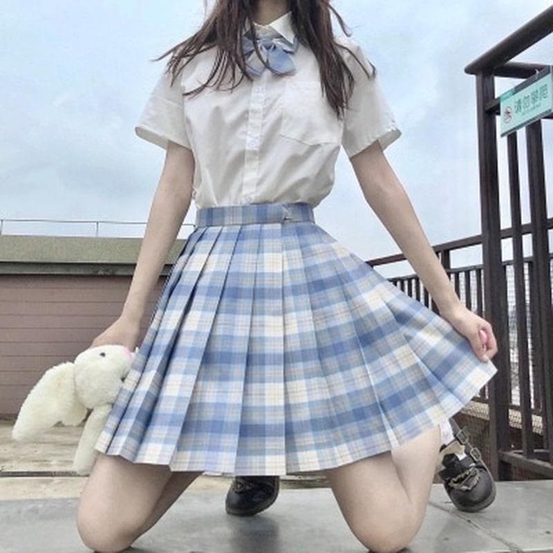 3Pcs Women Anime Uniform Set Pleated Skirts Summer JK Shirt Short Sleeve Tops Mini Plaid Skirt Suit cm green