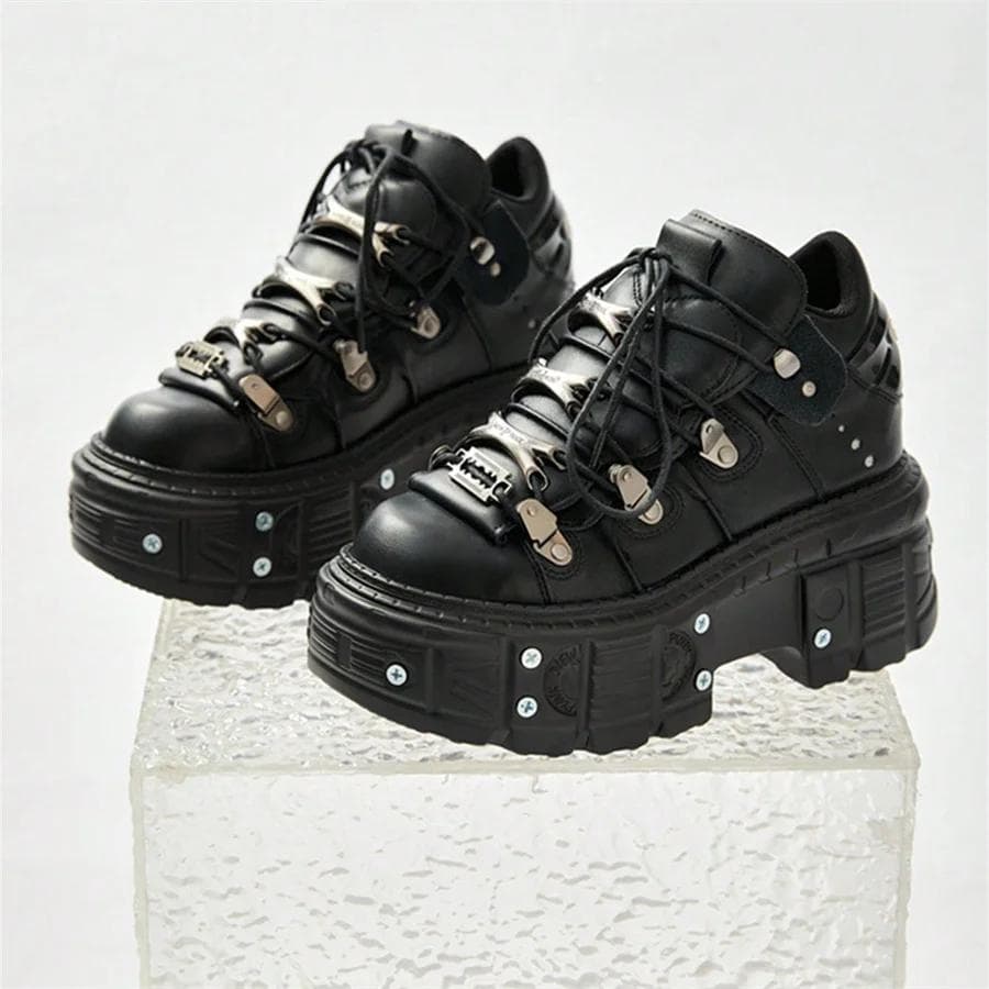 Punk Style Women Black Shoes Rock Metal Decor Lace-up Heel Height Platform Shoes Gothic Man Sneakers Women Ankle Boots 2025 New cm black