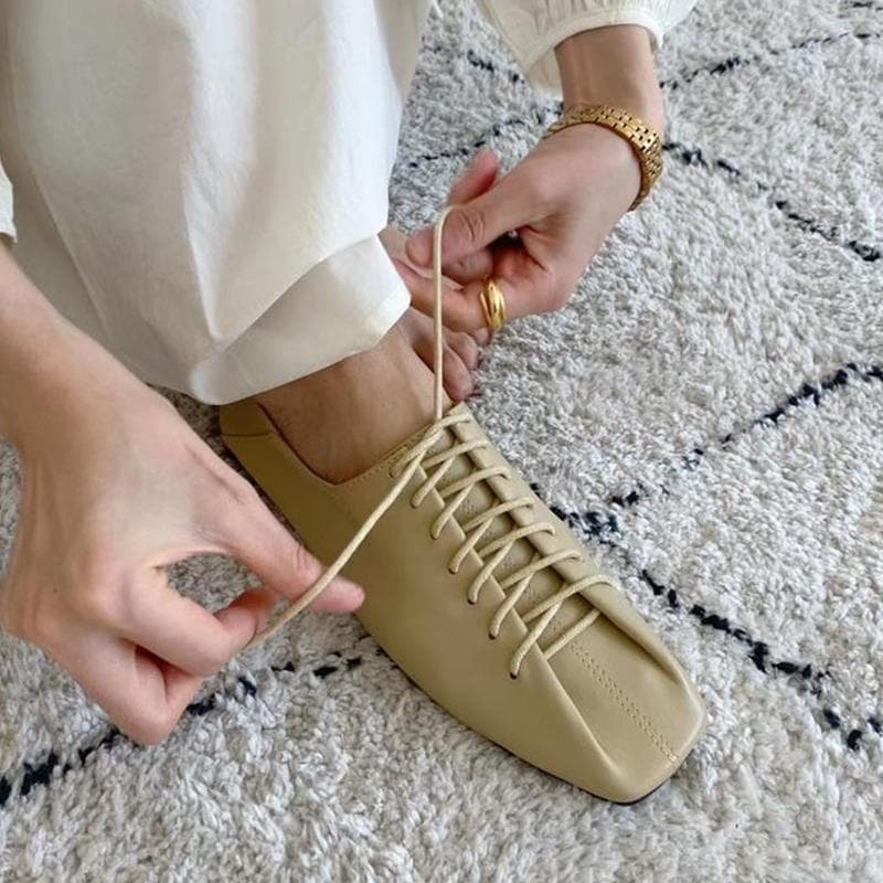 New Retro Soft Sole Single Shoes Women Square Toe Lace-up Solid Colour Flats Lightweight Comfortable Loafers Sapatos Femininos cm white