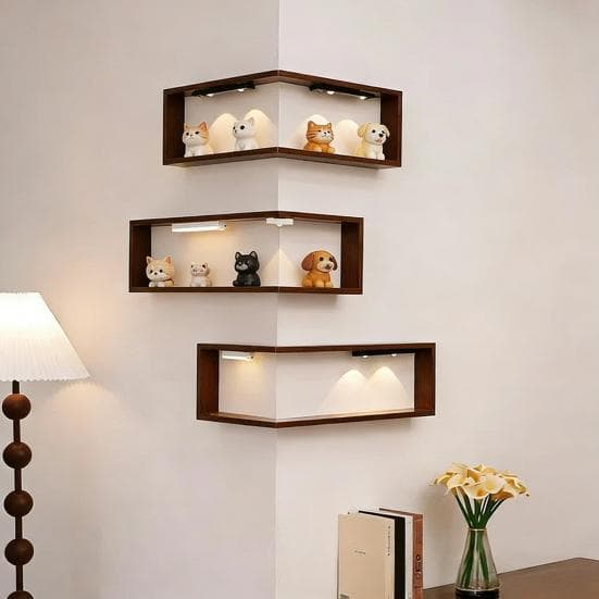 Corner Wall Shelves Wood Corner Floating Storage Shelves Wall-Mounted Display Rack for Book Plants Photos Figurines Collectibles