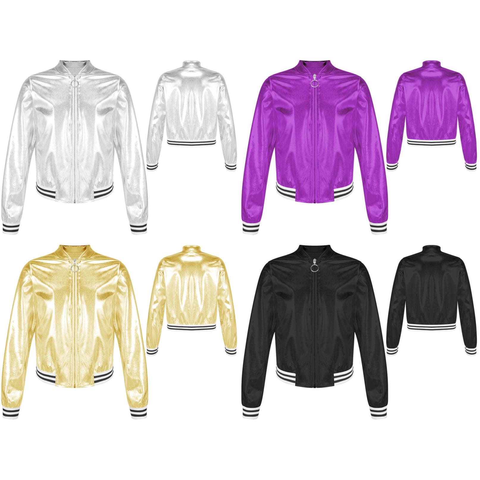 Kids Girls Boys Metallic Bomber Jacket Coat Hip Hop Jazz Modern Dance Top Disco Party Costume cm gold