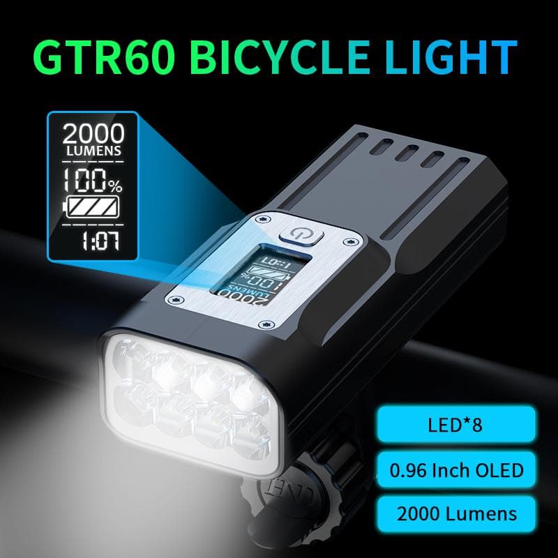 GTR60 2000 Lumens Bicycle Front Light, Rechargeable High-intensity Flashlight, Cycling Gear, Mountain Bike Light with Display Screen
